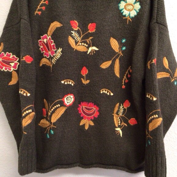 Vintage Cliche Floral Embroidered Mock Neck Pullover Sweater Green Size Large - Picture 4 of 8